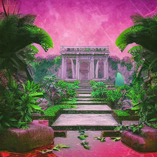 Image similar to a old Marble palace with plants and waterfalls,retrowave art,digital art