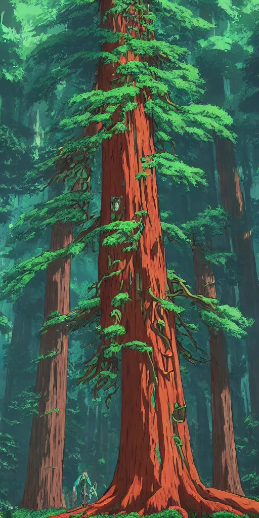 Prompt: Huge redwood tree by Miyazaki Nausicaa Ghibli, breath of the wild style, epic composition