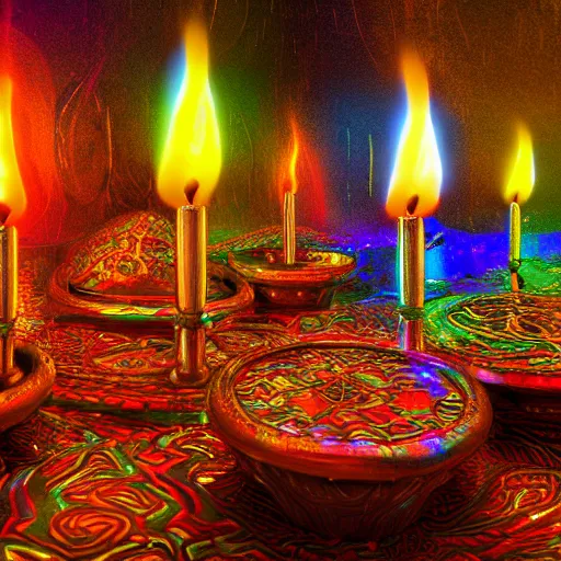 Image similar to a room is lit by dozens of flickering candles, and the air is thick with incense. highly detailed, digital photo, HDRI, by christopher bretz and kael ngu, vivid colors, high contrast, 8k resolution, intricate, photorealistic, smooth, psychedelic color scheme,