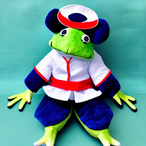 Image similar to stuffed animal frog wearing a sailor suit, plushie photography,