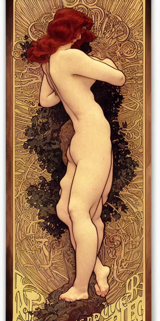 Image similar to highly detailed redhead woman poster style by designer alphonse mucha, maxfield parrish