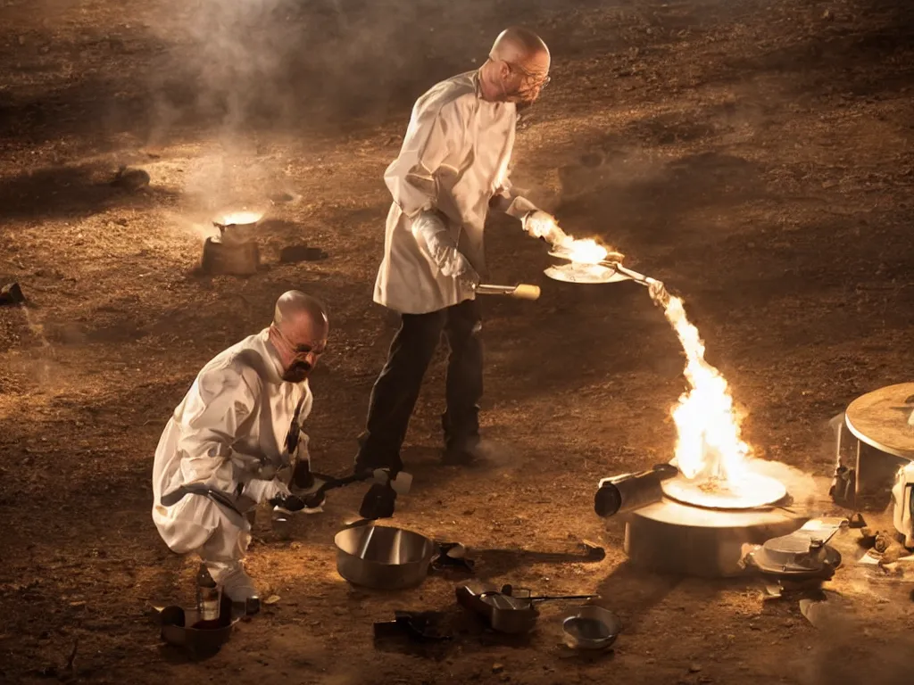 Image similar to walter white making pizza with a blowtorch in the desert, dramatic lighting, still from breaking bad