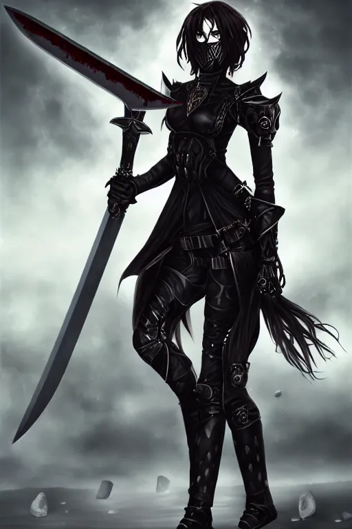 Prompt: full portrait, female vampire knight in black heavy armor, well - protected, metal mask, tall gladiator sandals, barefoot, giant two - handed sword covered in blood, enchanting, mysterious, elegant, levitating, good lighting, realistic proportions, reasonable fantasy, ghostblade, wlop