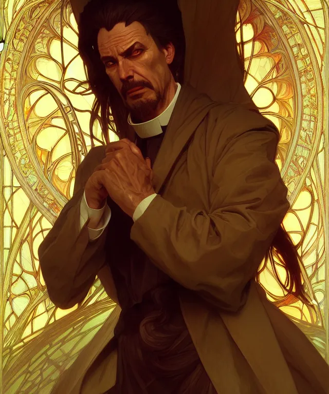 Image similar to a greedy preacher, an evil Catholic priest, portrait, intricate, elegant, highly detailed, digital painting, artstation, concept art, smooth, sharp focus, illustration, art by artgerm and greg rutkowski and alphonse mucha