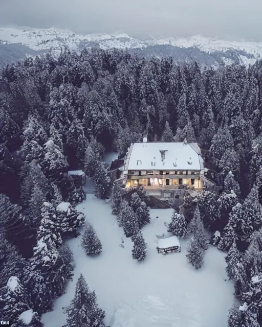 Image similar to hidden mansion in the alps with snow covered roof, zoomed out, shot from drone, iphone capture