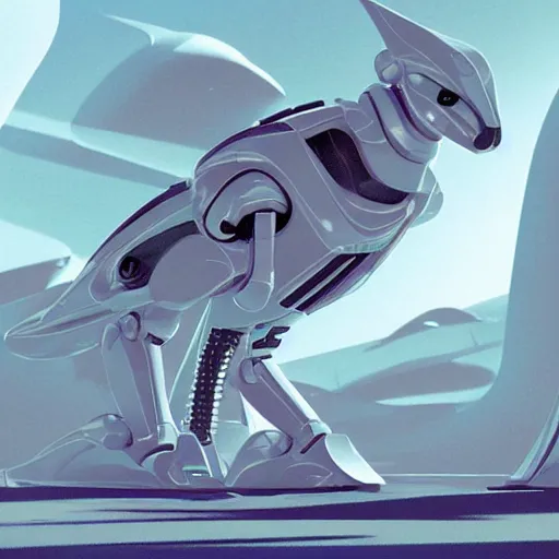 Image similar to a robotic pangolin that stands six feet tall with pearl white scales standing on two legs in front of a white starship on a green alien planet, sci Fi concept art in the style of Syd mead