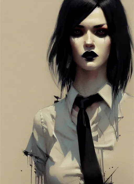 Image similar to ultradetailed beautiful panting of a stylish goth woman wearing a shirt with a tie, she has black hair, distressed, by greg rutkowski, ashley wood, ilya kuvshinov, on artstation