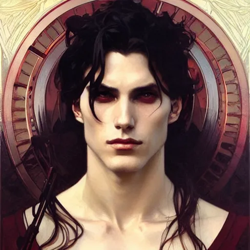 Image similar to attractive twenty first century male vampires beautiful eyes. highly detailed painting by artgerm and greg rutkowski and alphonse mucha 8 k