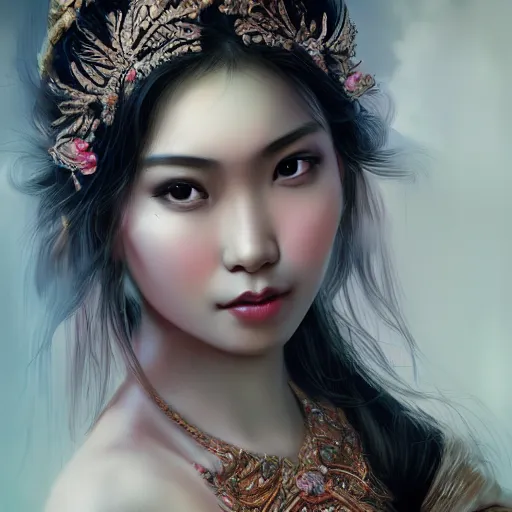 Image similar to a stunning artstation style portrait painting of a beautiful bali princess by kittichai rueangchaichan, in the style of WLOP, floralpunk, Artstation, intricate details, cinematic lighting, pristine clean design, realistic, irresistable, insanely detailed