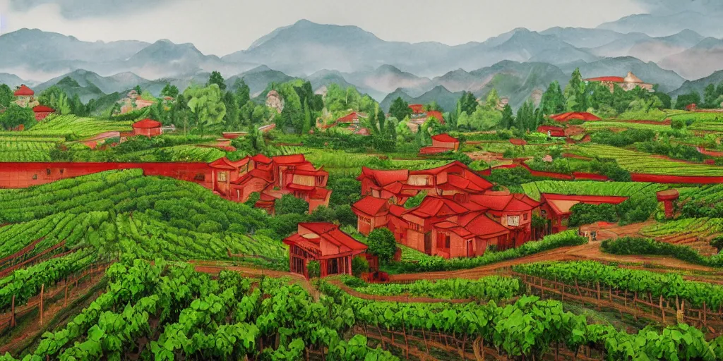 Image similar to A ink painting winery with red walls and a green roof. The vineyards are sprawling and green, with a river winding through them. In the distance, there are mountains. by zhang zeduan, mi fu, painting on silk, immaculate scale, hyper-realistic, Unreal Engine, Octane Render, digital art, trending on Artstation, 8k, detailed, atmospheric, immaculate