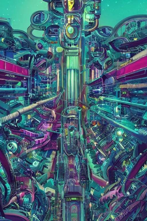 Image similar to a hyper-maximalist overdetailed retrofuturist scifi bookcover illustration from '70s. Biopunk, solarpunk style.