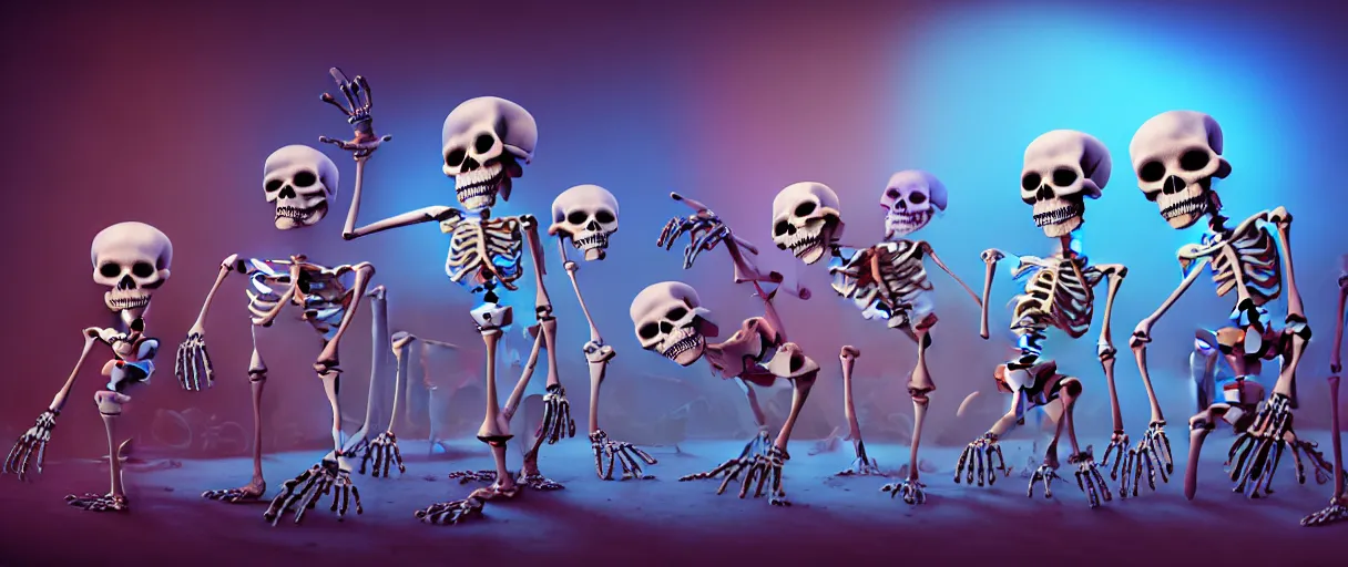 Image similar to hyperrealistic very cute multicolored skeletons mixing bones jason limon concept art dramatic blue lighting wide angle hd 8k sharp shallow depth of field