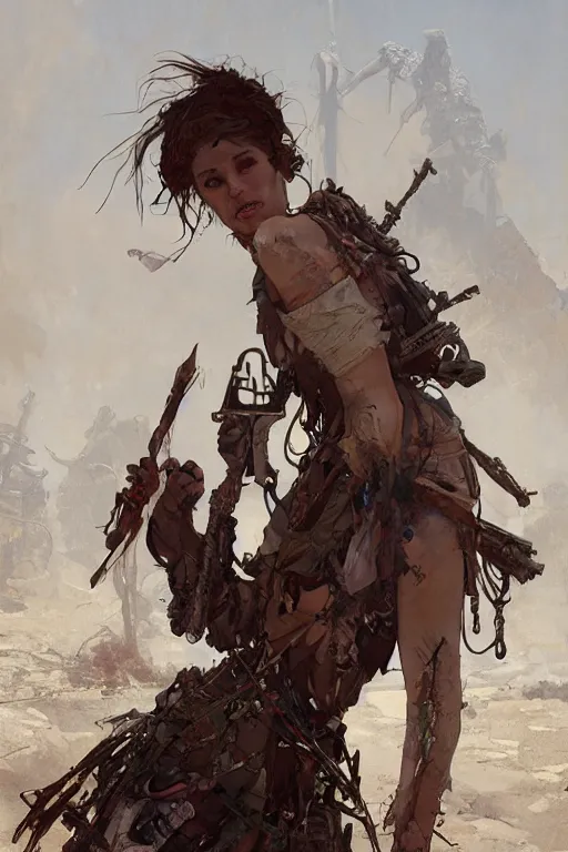 Image similar to a full body portrait of a beautiful post apocalyptic offworld musicians district bedouin blind pulp fiction scarlet wild rogue barbarian leper begging by the roadside, intricate, elegant, highly detailed, digital painting, artstation, concept art, smooth, sharp focus, illustration, art by krenz cushart and artem demura and alphonse mucha