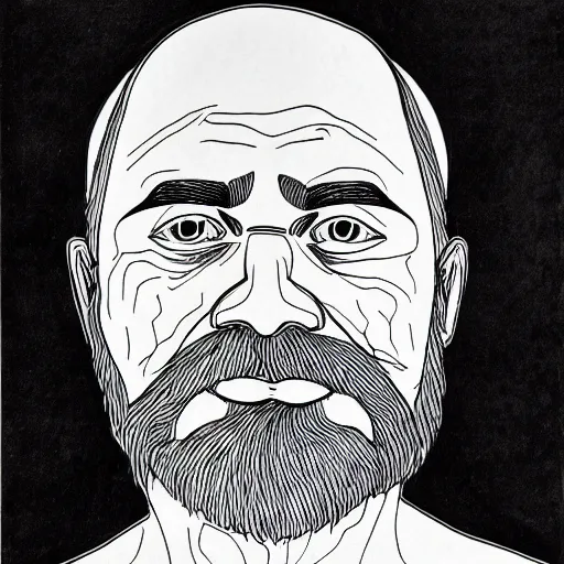 Prompt: portrait, face, symmetrical, half old bearded man, half young boy, outline pen drawing