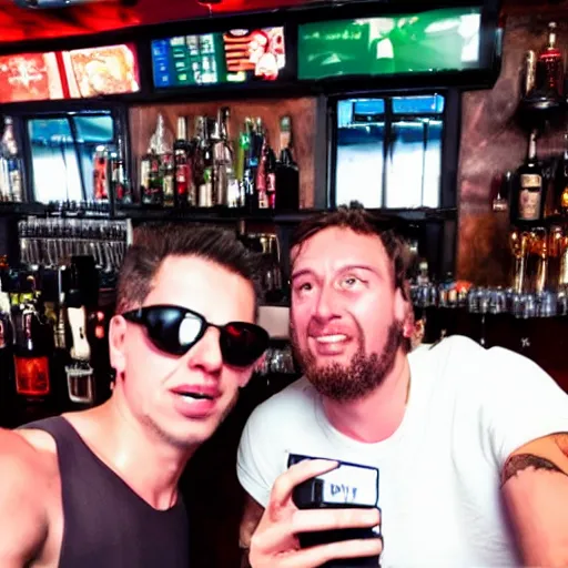 Prompt: two evil demons hanging out in a bar taking a selfie
