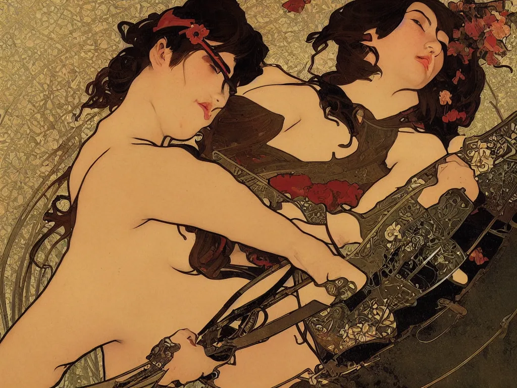 Prompt: close up of a wounded samurai in full armor, by fiona staples, alphonse mucha and gil elvgren