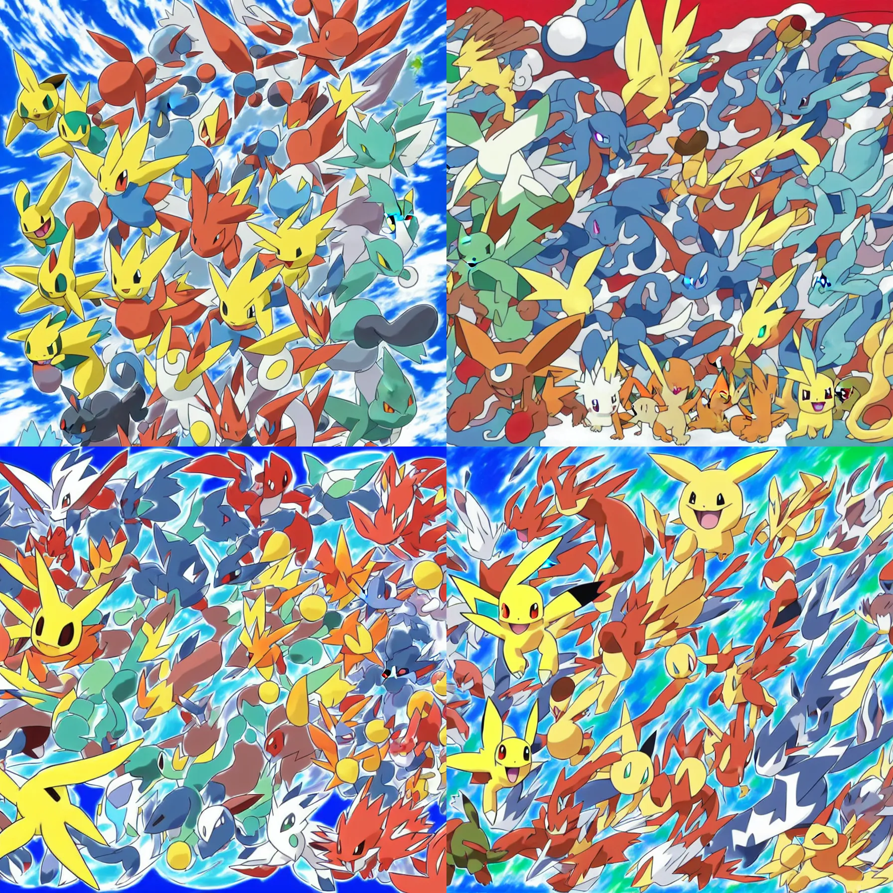 Image similar to official art of a diverse crowd of Pokémon, by Ken Sugimori, whitespace, Bulbapedia, Pokémon logo, ninetales kyogre blaziken camerupt seaking lanturn moltres