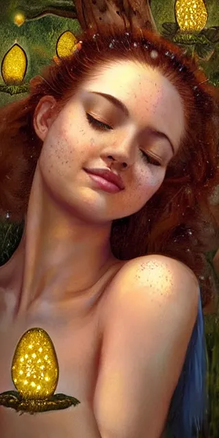 Prompt: young woman, fit body, serene smile, spiritual scene, surrounded by golden firefly lights amidst nature, fully covering intricate dress, long red hair, precise linework, accurate green eyes, small nose with freckles, beautiful smooth oval shape face, empathic, expressive emotions, hyper realistic ultrafine art by artemisia gentileschi, jessica rossier, boris vallejo