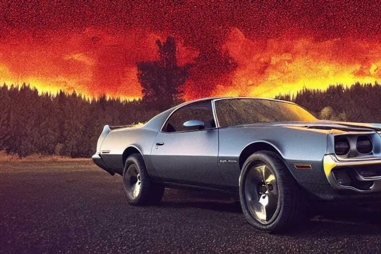 Prompt: pontiac firebird with cherry glitter paint and fur, cat inside car, sunrise, eerie light, fireflies, dramatic, cinematic, forest, horror, sunbeams, volumetric lighting, wide shot, low angle, lightning storm hitting the car, ground cracking open to reveal a portal to hell