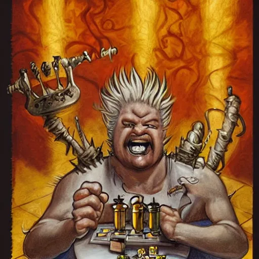 Prompt: A Beholder from Dungeons & Dragons playing chess with Guy Fieri, drawn by Boris Vallejo, highly detailed, intricate rendering