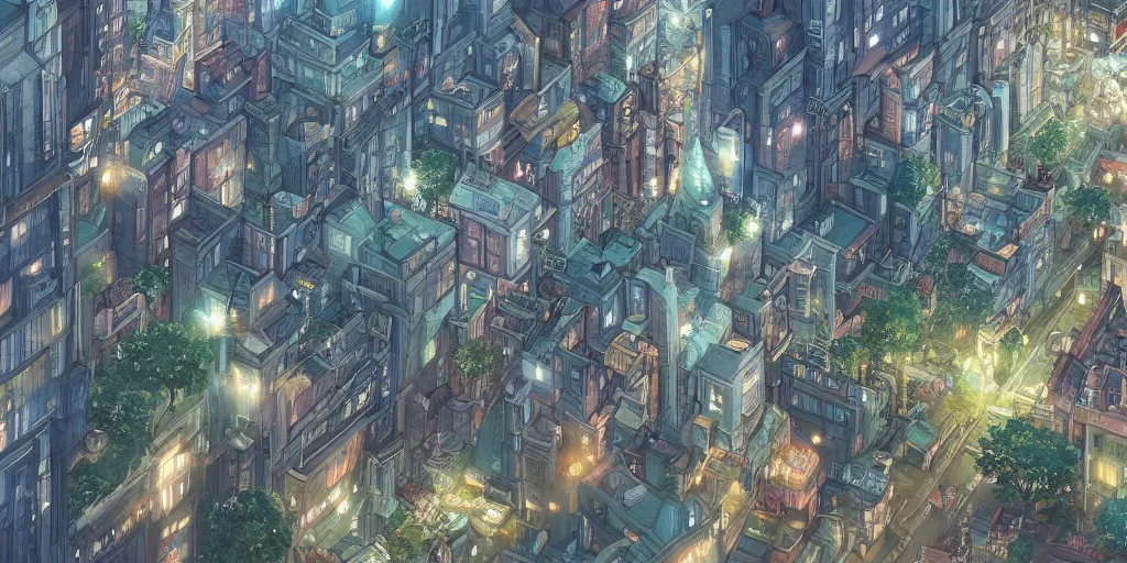 Prompt: the city that never sleeps, mythology, fairy tale, urban landscape, evening, highly detailed, low angle view, studio ghibli, artstation