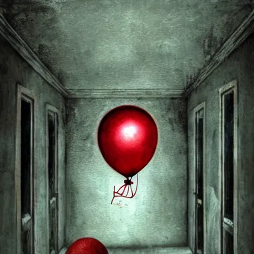 Prompt: grunge painting of an insane asylum with a red balloon by chris leib, creepy lighting, horror theme, detailed, elegant, intricate, conceptual, volumetric light