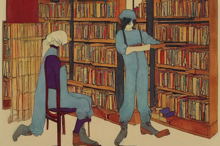 Image similar to woman wearing overalls in a bookstore warm colors simple geometric watercolor painting moebius george barbier