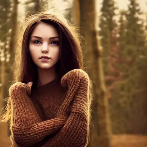 Image similar to real life photo of a beautiful girl, full body photoshoot, long brown hair, brown eyes, full round face, short smile, belly free dark brown sweater, forest setting, cinematic lightning, medium shot, mid - shot, highly detailed, trending on artstation, unreal engine 4 k, 8 0 mm, 8 5 mm, cinematic wallpaper