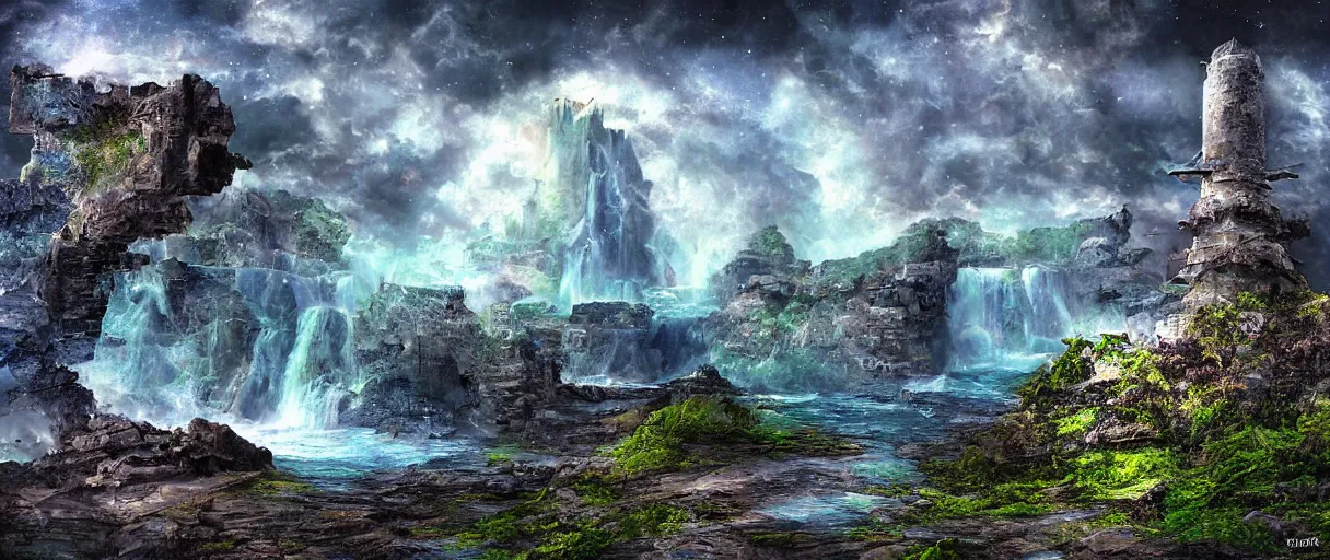 Image similar to a crumbling island in space, waterfalls, in style bruce ricker, digital art, detailed, depth of field