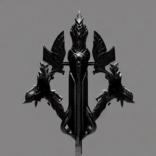 Prompt: a black sword skull crest, ornament, weapon, a 3 d render by dom qwek, studio lighting, front side view sheet, trending on polycount, hard surface modeling, rendered in maya, 3 ds max, blender, artstation hd, vray