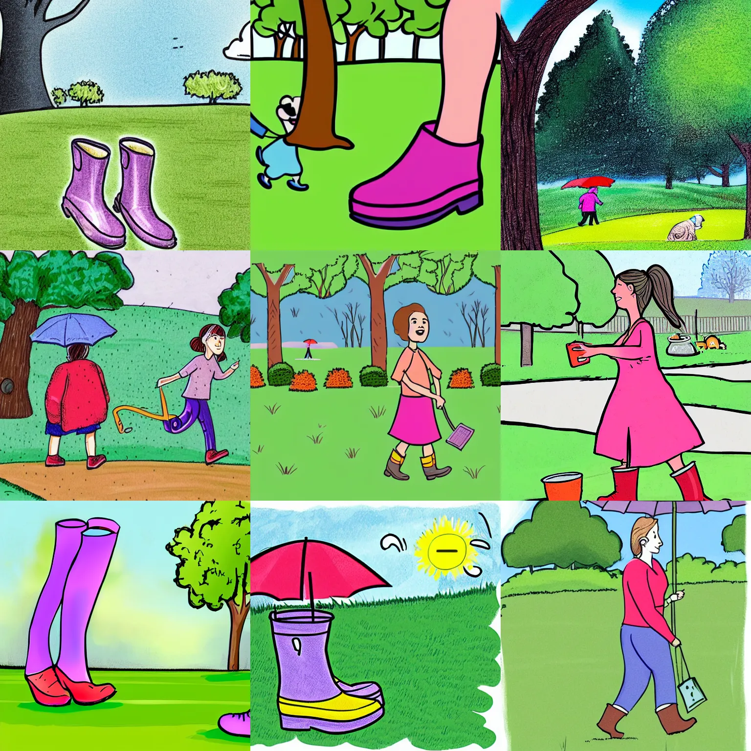 Prompt: i tried to walk a few steps on the park's lawn, and after only ten minutes or so, i was sweating. i was wearing rain boots and crunching forward. storybook illustration