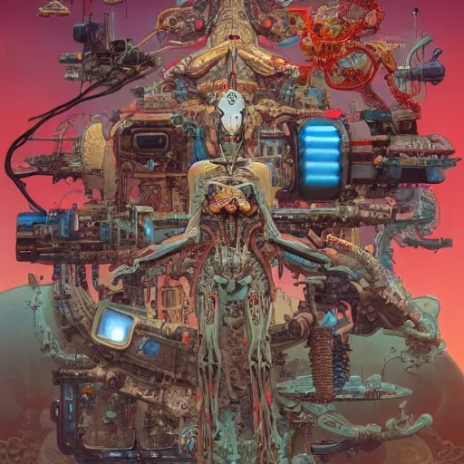 Image similar to anatomically correct innards and muscles and futuristic machine parts with retro scifi interface screens by Peter Mohrbacher, by Katsuya Terada, by Paul Pope, by Roger Dean, by Kim Jung Gi, by Frank Frazetta, by Katsuhiro Otomo, by Mike Mignola, cyberpunk color scheme, some esoteric elements