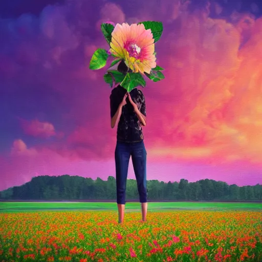 Image similar to woman with a flower face standing in flower field, surreal photography, photo manipulation, sunrise, impressionism, colorful clouds, artstation, simon stalenhag