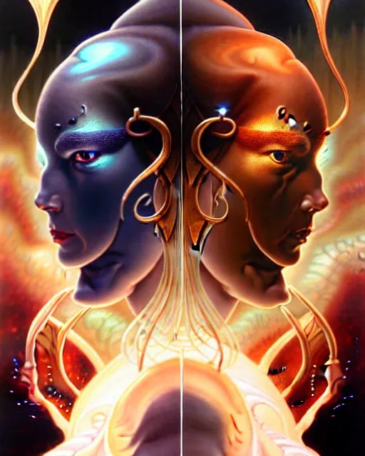 Image similar to a portrait of gemini water and fire fantasy character portrait facing each other, ultra realistic, wide angle, intricate details, the fifth element artifacts, highly detailed by peter mohrbacher, hajime sorayama, wayne barlowe, boris vallejo, aaron horkey, gaston bussiere, craig mullins