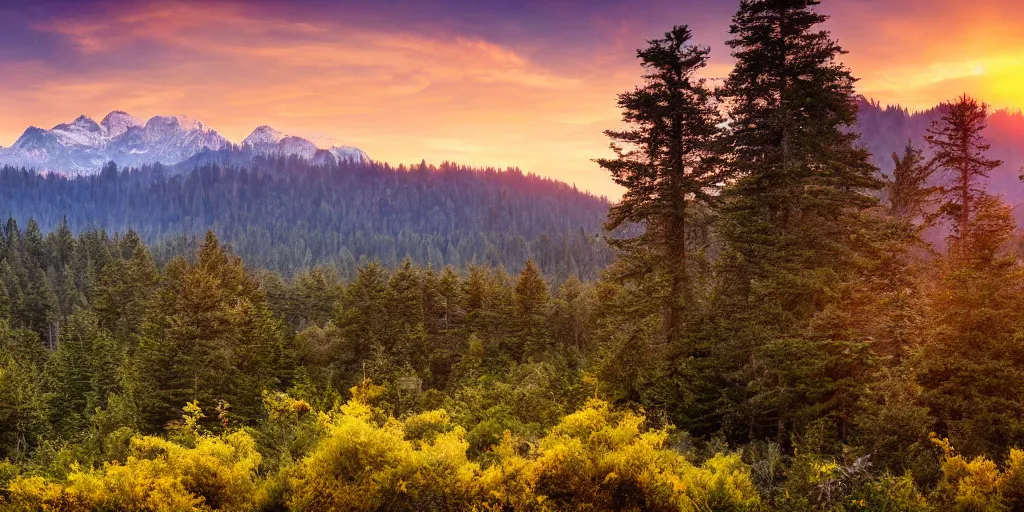 Image similar to redwood forest landscape with mountains in the background, sunset, high detail, high definition, photorealistic, 8k