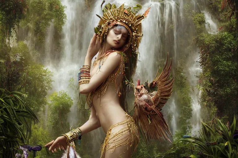 Image similar to A highly detailed beautiful divine tribal high priestess and water nymphs with feathers and crystals in a lush field of flowers, playing in waterfalls, wide painting by greg rutkowski and HR Giger, Zbrush, Trending on artstation:1 H 1024