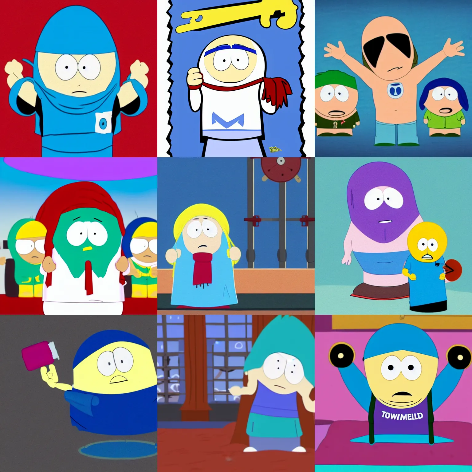 Prompt: Towelie with anchor arms, giant arms, towel, South Park, animation