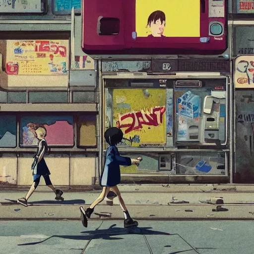 Image similar to incredible wide screenshot, ultrawide, simple watercolor, rough paper texture, ghost in the shell movie scene, backlit distant shot of girl in a parka running from a giant robot invasion side view, yellow parasol in deserted dusty shinjuku junk town, broken vending machines, bold graphic graffiti, old pawn shop, bright sun bleached ground, mud, fog, dust, windy, scary robot monster lurks in the background, ghost mask, teeth, animatronic, black smoke, pale beige sky, junk tv, texture, brown mud, dust, tangled overhead wires, telephone pole, dusty, dry, pencil marks, genius party,shinjuku, koji morimoto, katsuya terada, masamune shirow, tatsuyuki tanaka hd, 4k, remaster, dynamic camera angle, deep 3 point perspective, fish eye, dynamic scene