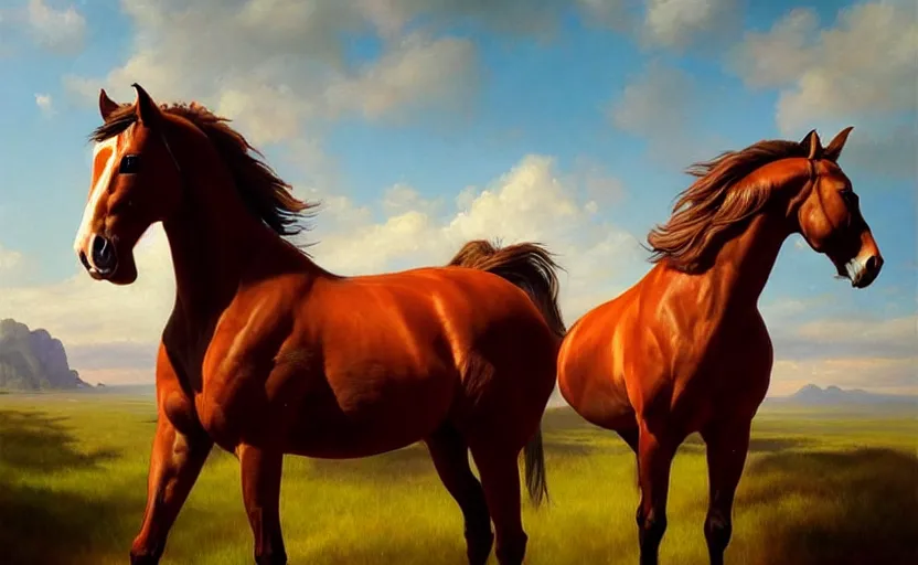 Image similar to a masterpiece oil painting of a single and proud horse. wide angle, fantasy art, alex ross, heroic lighting, very very very beautiful raytraced rendering