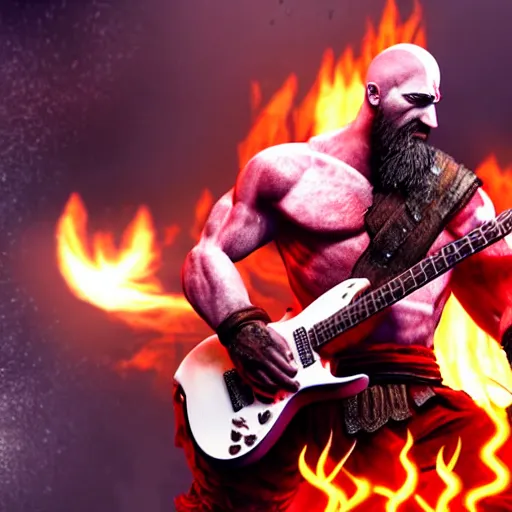 Image similar to kratos shredding on a flaming stratocaster guitar, cinematic render, god of war 2 0 1 8, santa monica studio official media, lightning, spartan rage, accurate head