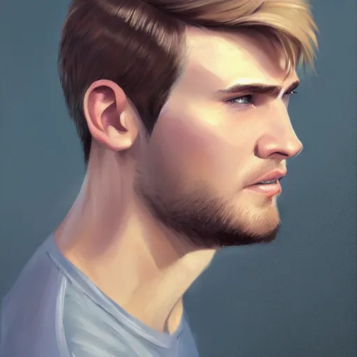 Image similar to tall chunky man in his twenties with brown blond short regular haircut and round facial structure with cleft chin, straight eyebrows, big grey blue eyes, smirking, happy, slightly set back jaw, cheekbones, straight nose, wider face, slight shadow of beard, atmospheric lighting, painted, intricate, 4 k, highly detailed by charlie bowater