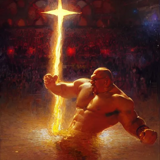 Image similar to the iron sheik breaking hulk hogan's back, radiant light, caustics, heroic, bright iridescent light, by gaston bussiere, bayard wu, greg rutkowski, maxim verehin, epic wrestling combat, legendary