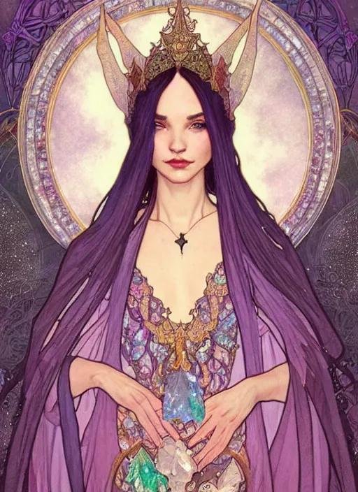 Image similar to fantastic portrait of a beautiftul witch with some shinny star, cloak, royally decorated crystal gemstones, symmetrical face, art nouveau, portrait, cute, fairy, by artgerm, kelly mckernan, greg rutkowski, alphonse mucha, detailed background, artstation, intricate, elegant, highly detailed, colorful, maximalist