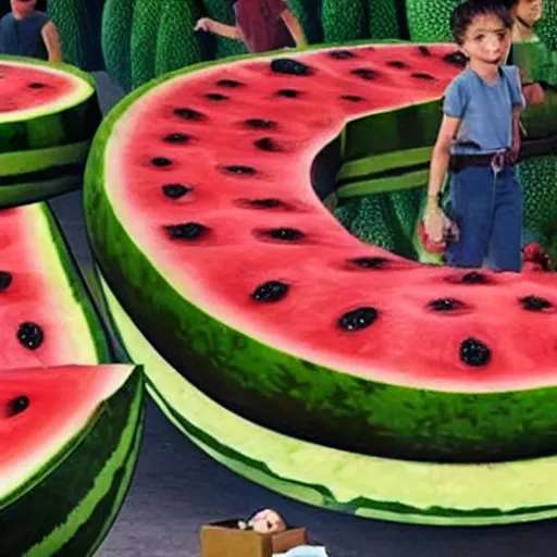 Image similar to a giant watermelon rampage town , movie scene