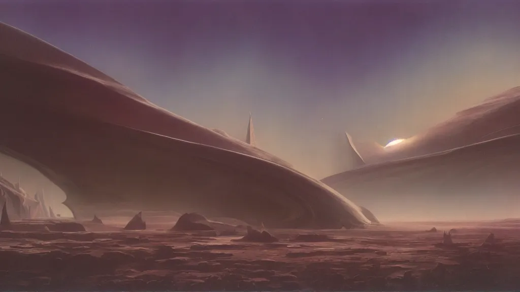 Prompt: otherworldly atmosphere of an alien planet by arthur haas and bruce pennington and john schoenherr, cinematic matte painting, zaha hadid building, 8 k realistic, dark moody colors