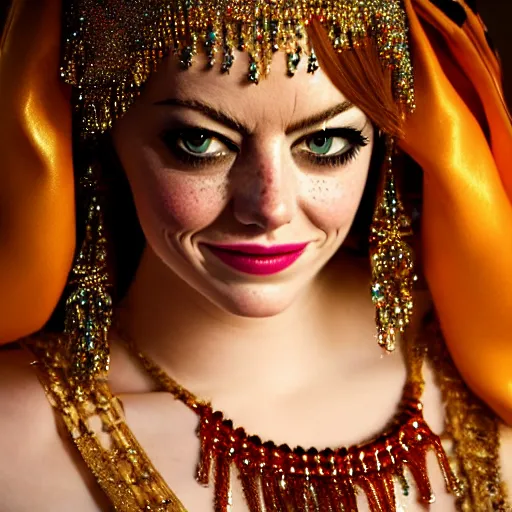 Image similar to a portrait of emma stone dressed as a belly dancer, arabian night, high quality, fully detailed, 4 k, in focus face with fine details, realistic hand details and anatomy