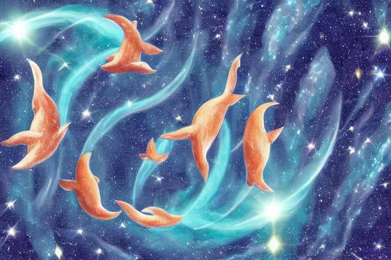 Prompt: a group of cosmic dolphins jumping out of a cosmic ocean in space