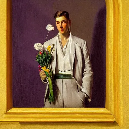 Image similar to young man in lilac suit holds dried flowers yellow and white messy bouquet at night, mild shadows, creepy shadow figures at the wall, cinematic lighting, highly detailed, digital art, Renaissance painting, by Leyendecker, by Rutkowsky,