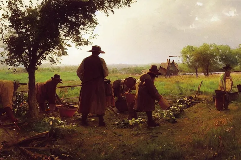 Image similar to simple amish farmers tending to their cottage vegetable gardens, art by anders zorn, wonderful masterpiece by greg rutkowski, beautiful cinematic light, american romanticism thomas lawrence, greg rutkowski