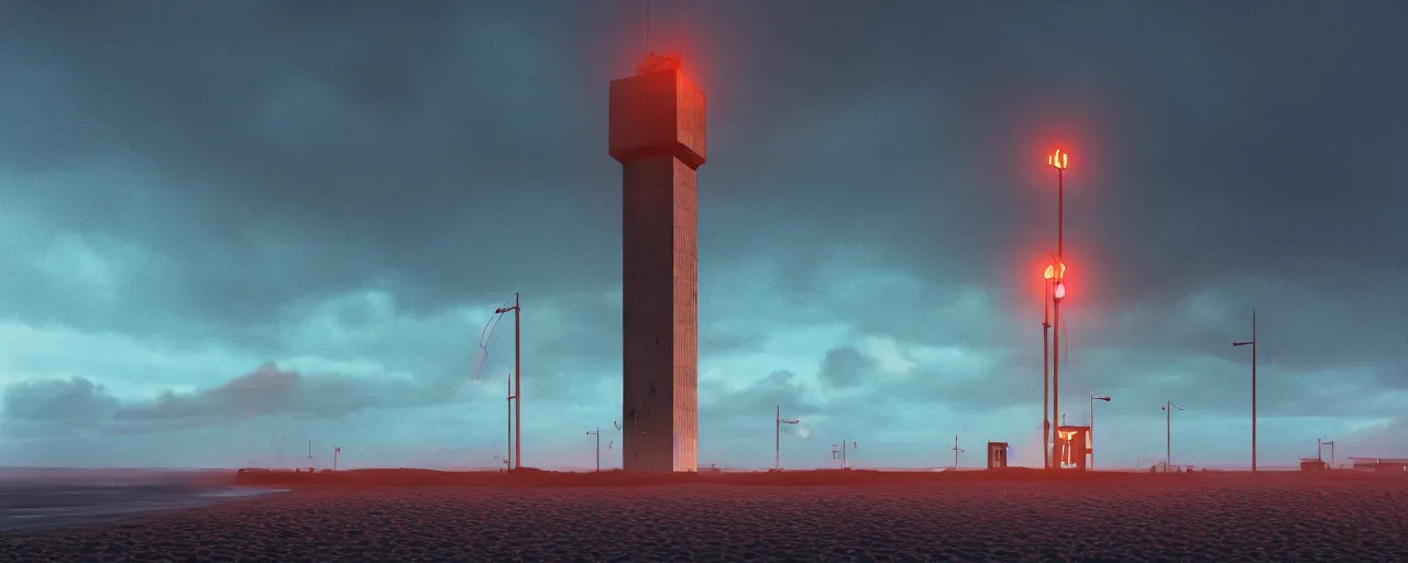Prompt: a concrete tower with several power cables coming from the top of the tower and going out of frame, the tower stands in a icelandic beach, cloudy day, blue hour, by filip hodas, by simon stalenhag, cinematic, dramatic light, red lights, concept art, matte painting, trending on artstation, dystopia, cyberpunk